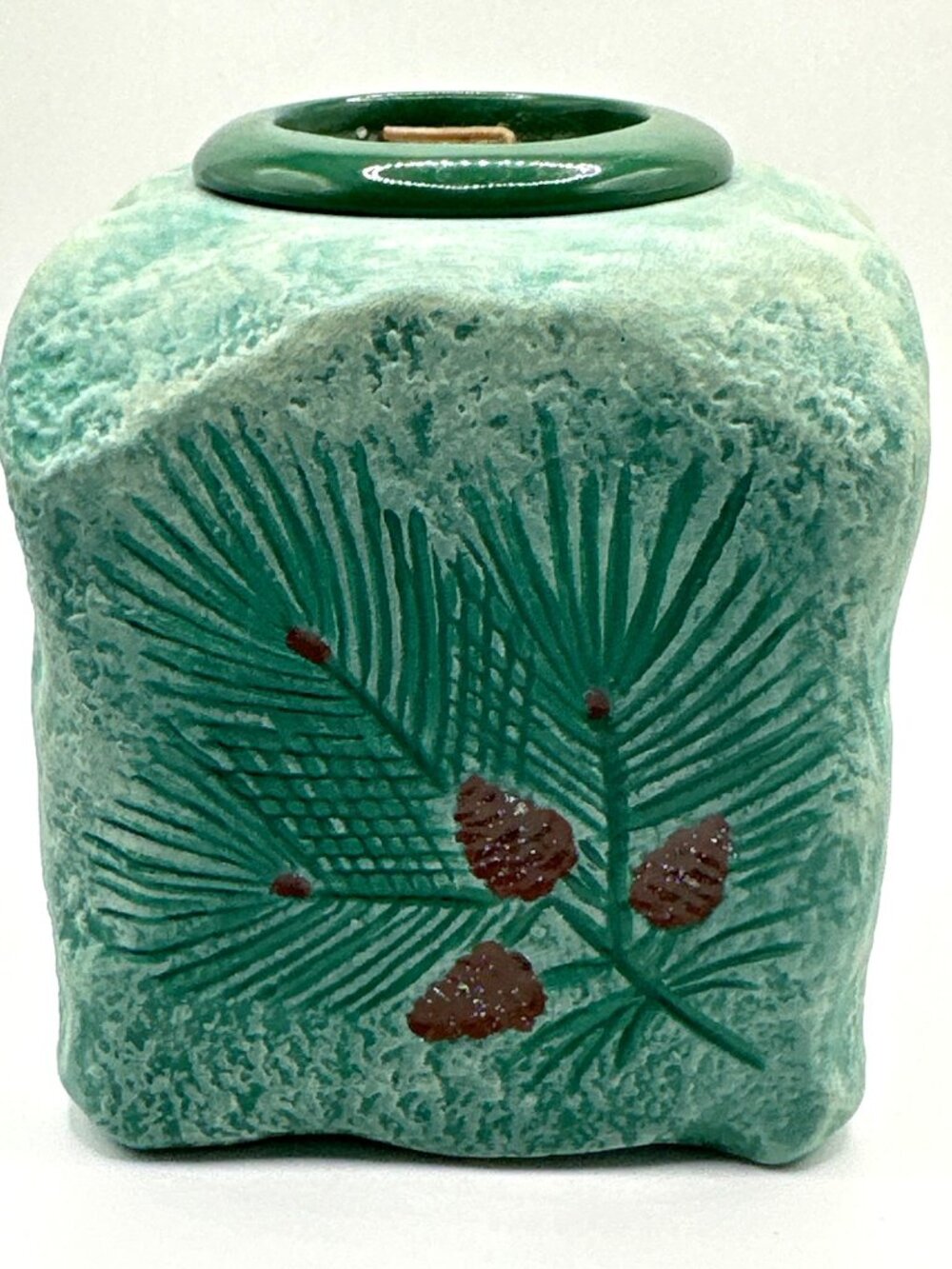 Green Votive Holiday Candle Holder Ceramic Holly Berry Pine Artist Signed